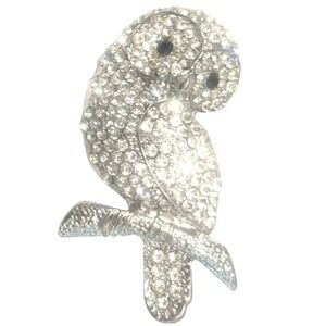 Vintage Owl Brooch‎ Pin Pave Rhinestone Studded Black Faceted Eyes Silver Tone